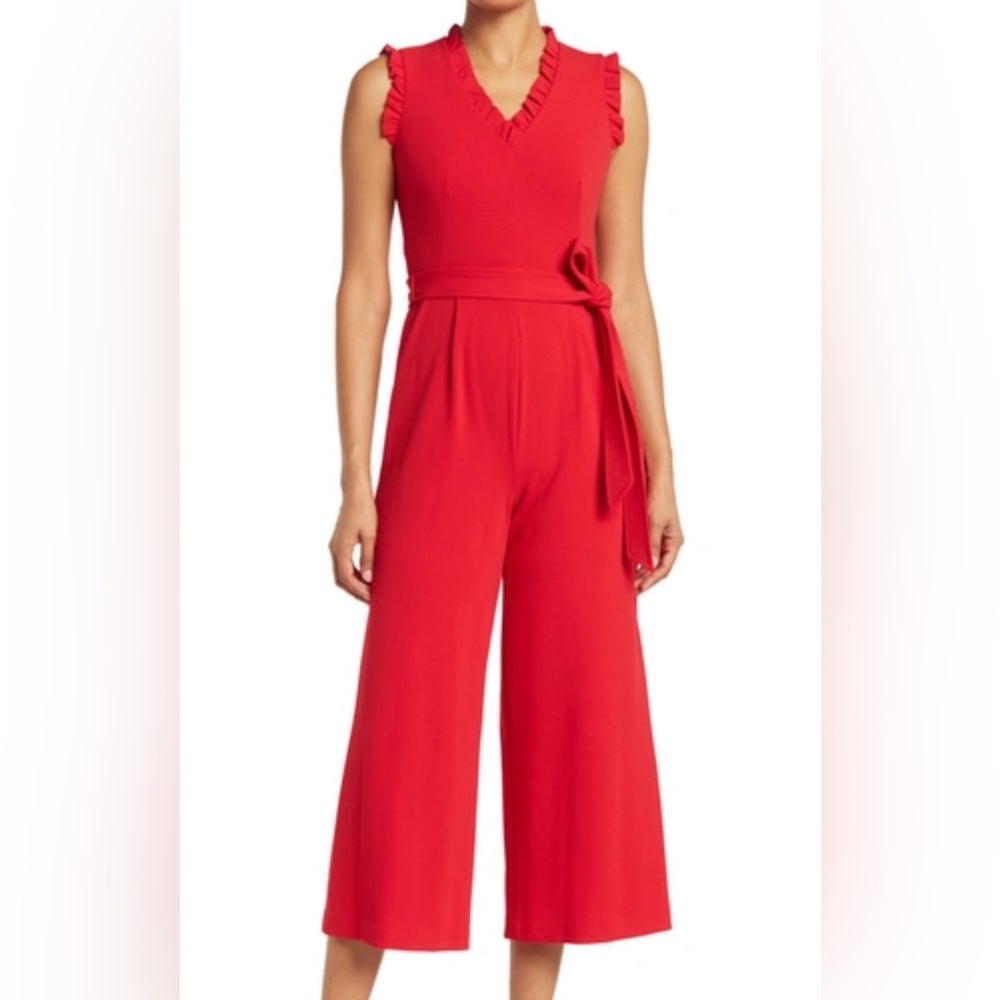 NWT CALVIN KLEIN Ruffle Shoulder V-neck Jumpsuit Size 8 - Picture 1 of 4